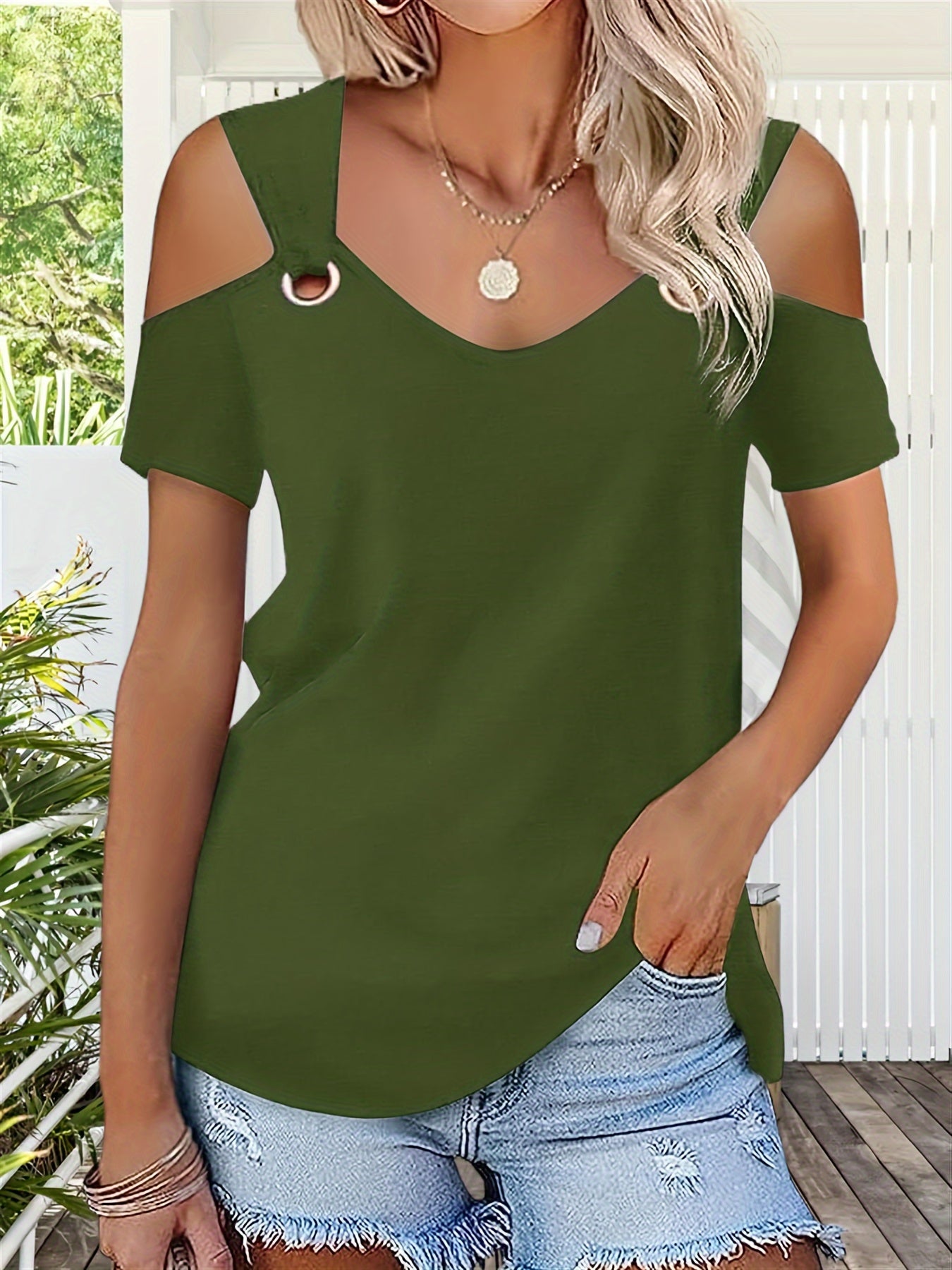 Fashionable V-Neck Cold Shoulder Top - Soft Autumn Wear