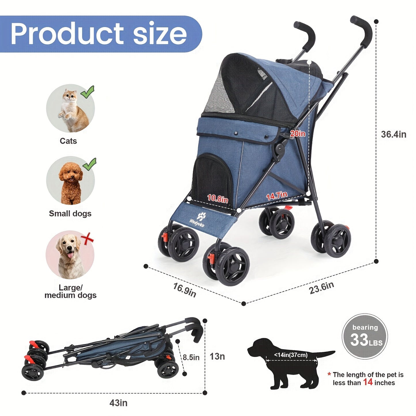 Umbrella Dog Stroller, Travel Portable Pet Stroller For Small Puppy Dogs & Cats, Up To 33 Lbs Only 7.8 Lbs Travel-friendly Pet Stroller