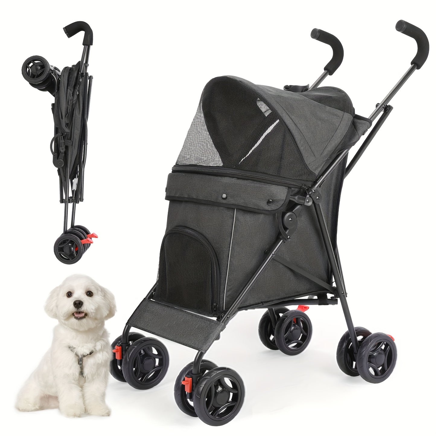 Medium Dog Stroller 50lb With Storage Basket And Leashes