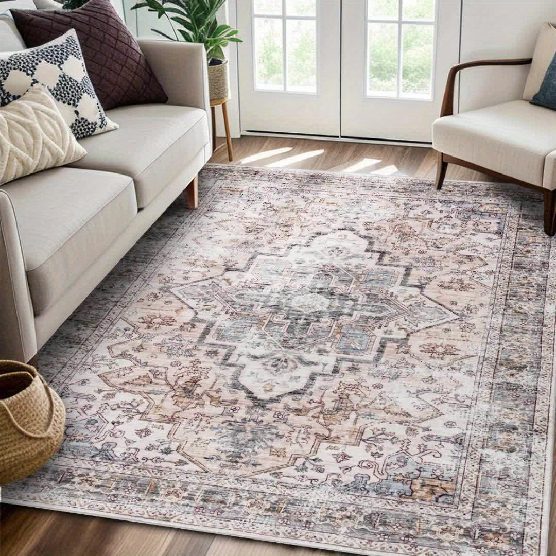 Bohemian Beige Washable Rugs, Ultra Soft Area Rugs, Non Slip Retro Rugs Foldable, Living Room And Bedroom Stain Resistant Rugs