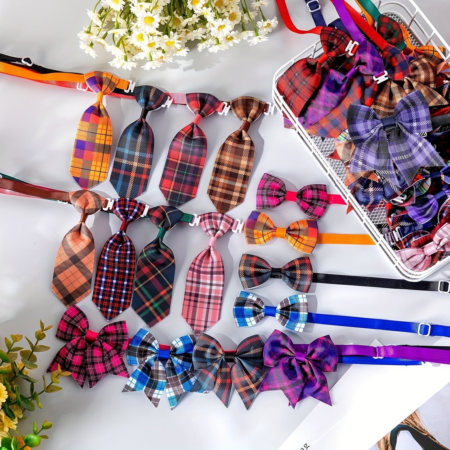 100pcs Plaid Dog Bow Tie Collar Set For Small Medium Dogs