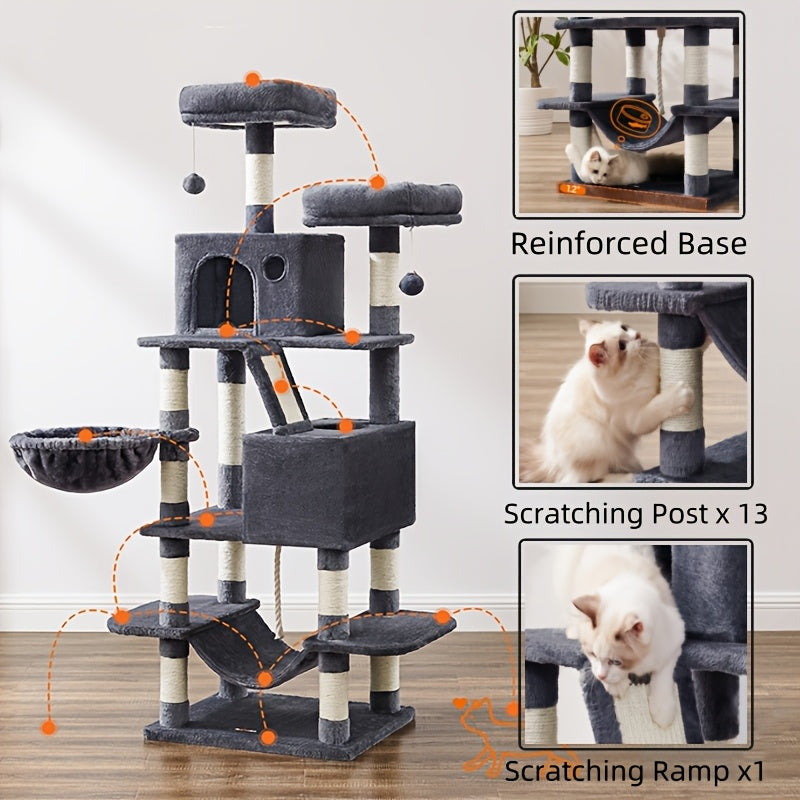 Feandrea 44/66.1in Cat Tree, Large Cat Tower with 13 Scratching Posts, 2 Perches, 2 Caves, Hanging Basket & Hammock, Pompoms, Stable Kitty Play House, Multi-Level Plush Cat Condo for Indoor Cats, Easy to Assemble, Perfect Gif