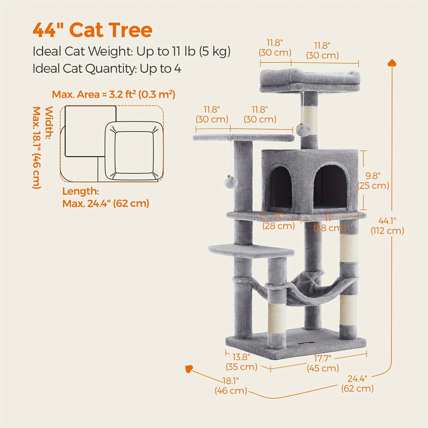 Feandrea 44/66.1in Cat Tree, Large Cat Tower with 13 Scratching Posts, 2 Perches, 2 Caves, Hanging Basket & Hammock, Pompoms, Stable Kitty Play House, Multi-Level Plush Cat Condo for Indoor Cats, Easy to Assemble, Perfect Gif