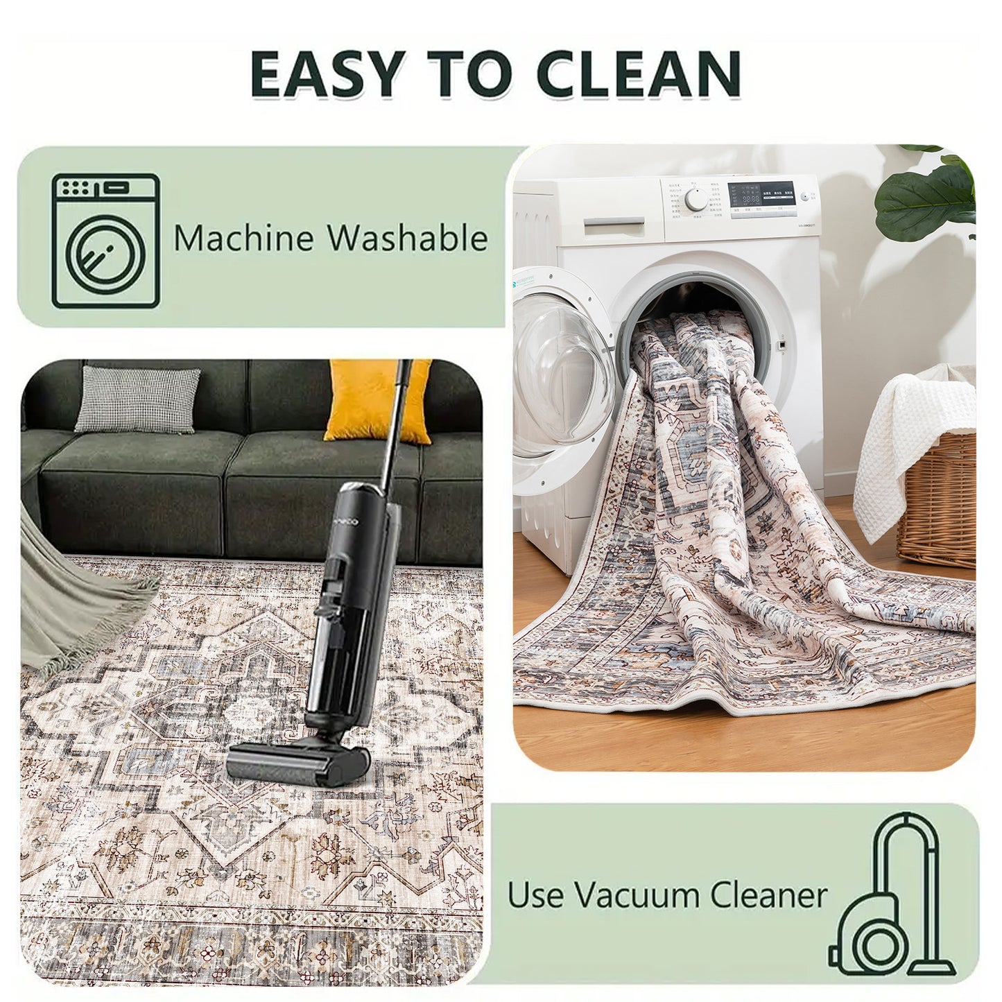 Bohemian Beige Washable Rugs, Ultra Soft Area Rugs, Non Slip Retro Rugs Foldable, Living Room And Bedroom Stain Resistant Rugs