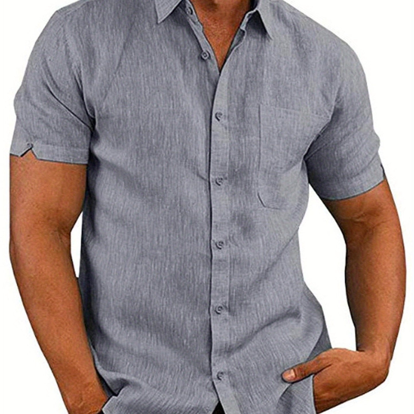 Mens Casual Loose Linen Short Sleeve Shirt Turndown Collar