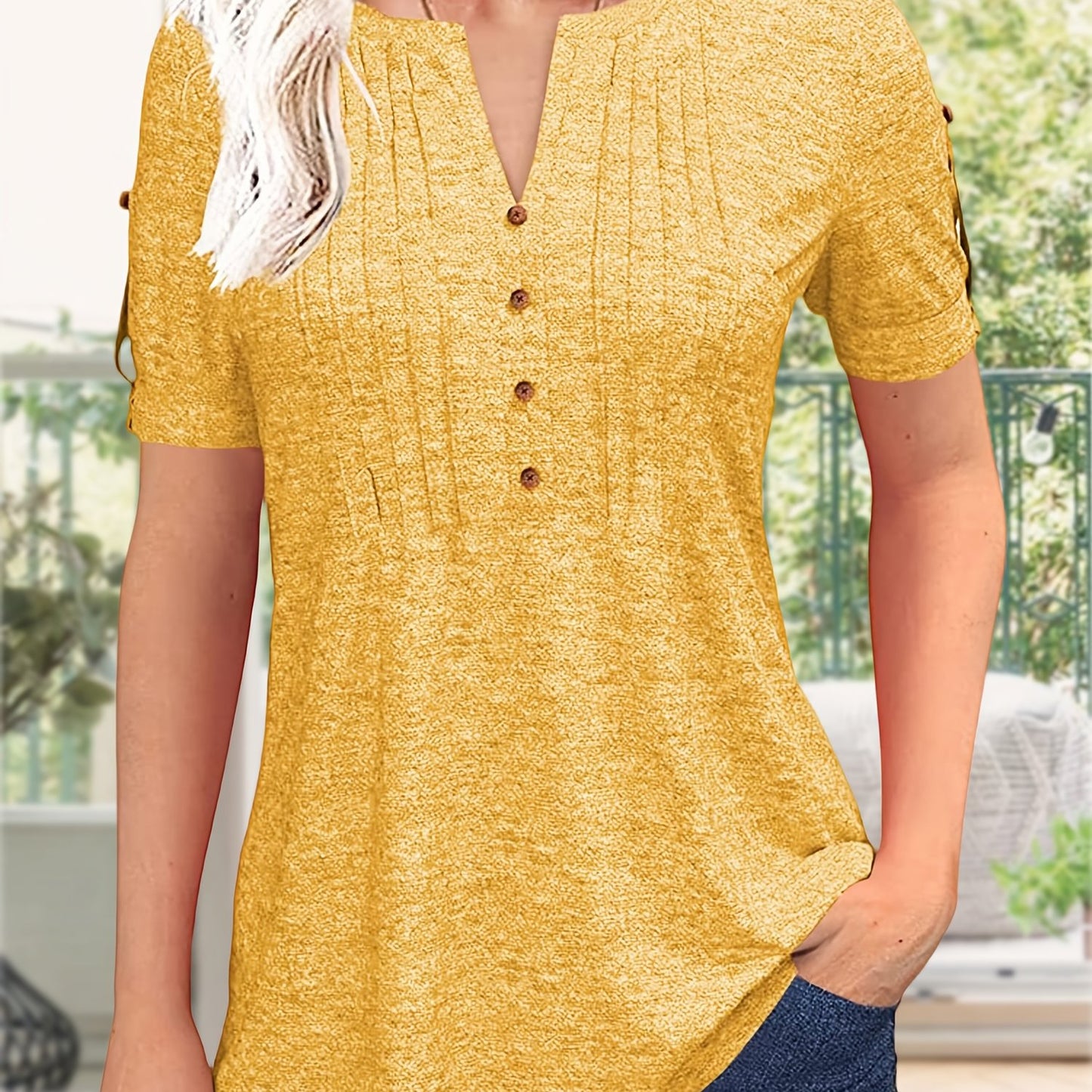 Women's Zipper Summer Pleated Button Short Sleeve T-Shirt