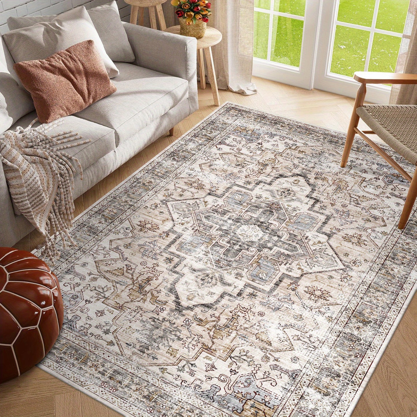 Bohemian Beige Washable Rugs, Ultra Soft Area Rugs, Non Slip Retro Rugs Foldable, Living Room And Bedroom Stain Resistant Rugs