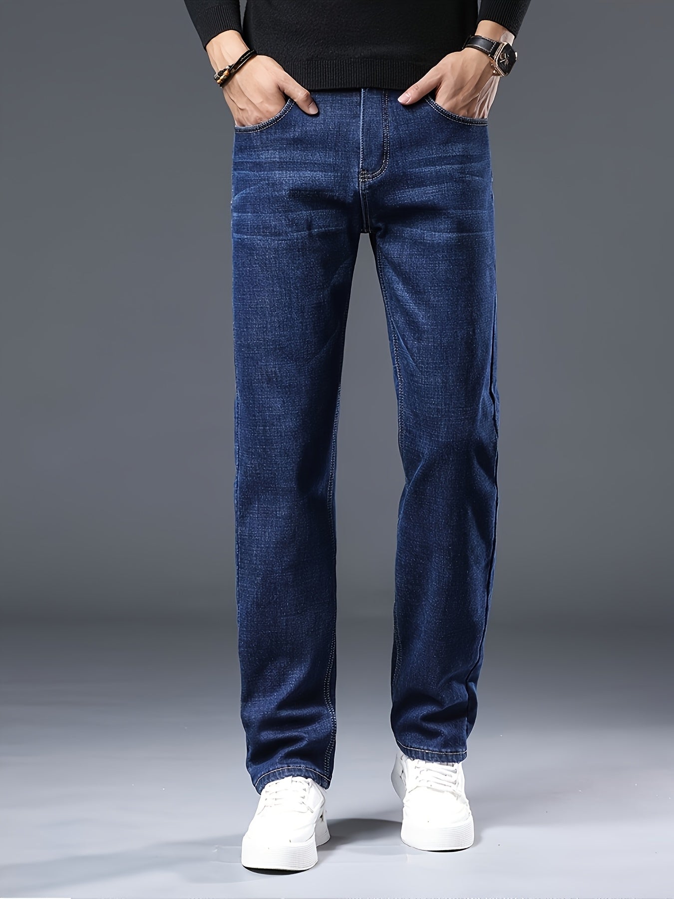 Men'S Classic Straight-Leg Jeans - Suitable for All-Season Business Casual, Black Color, with Stitching Details, Polyester Blend, Machine Washable, Tailored Fit Jeans for Various Casual Outings And Dates.