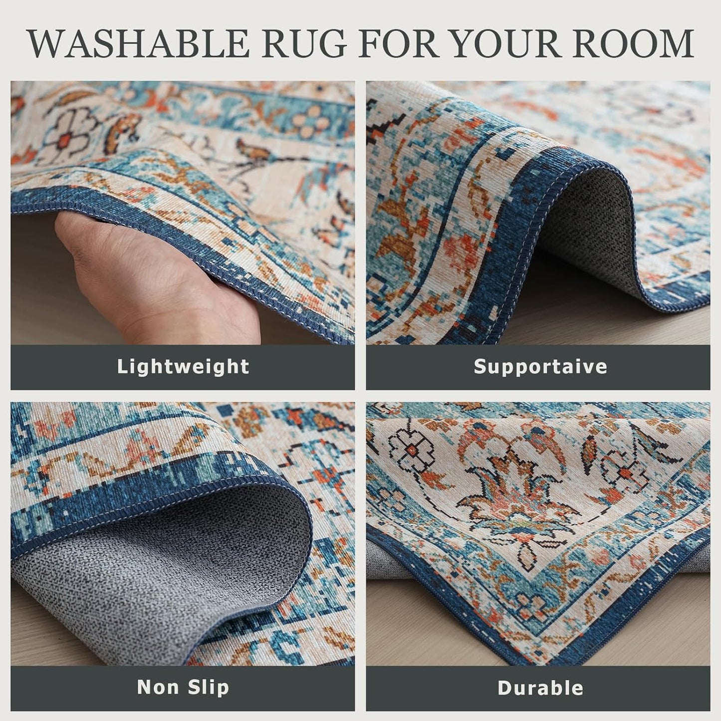 Machine Washable Rug with Non-Slip, Blue Area Rug, Vintage Boho Area Rug for Living Room Bedroom Dining Home Office Rugs