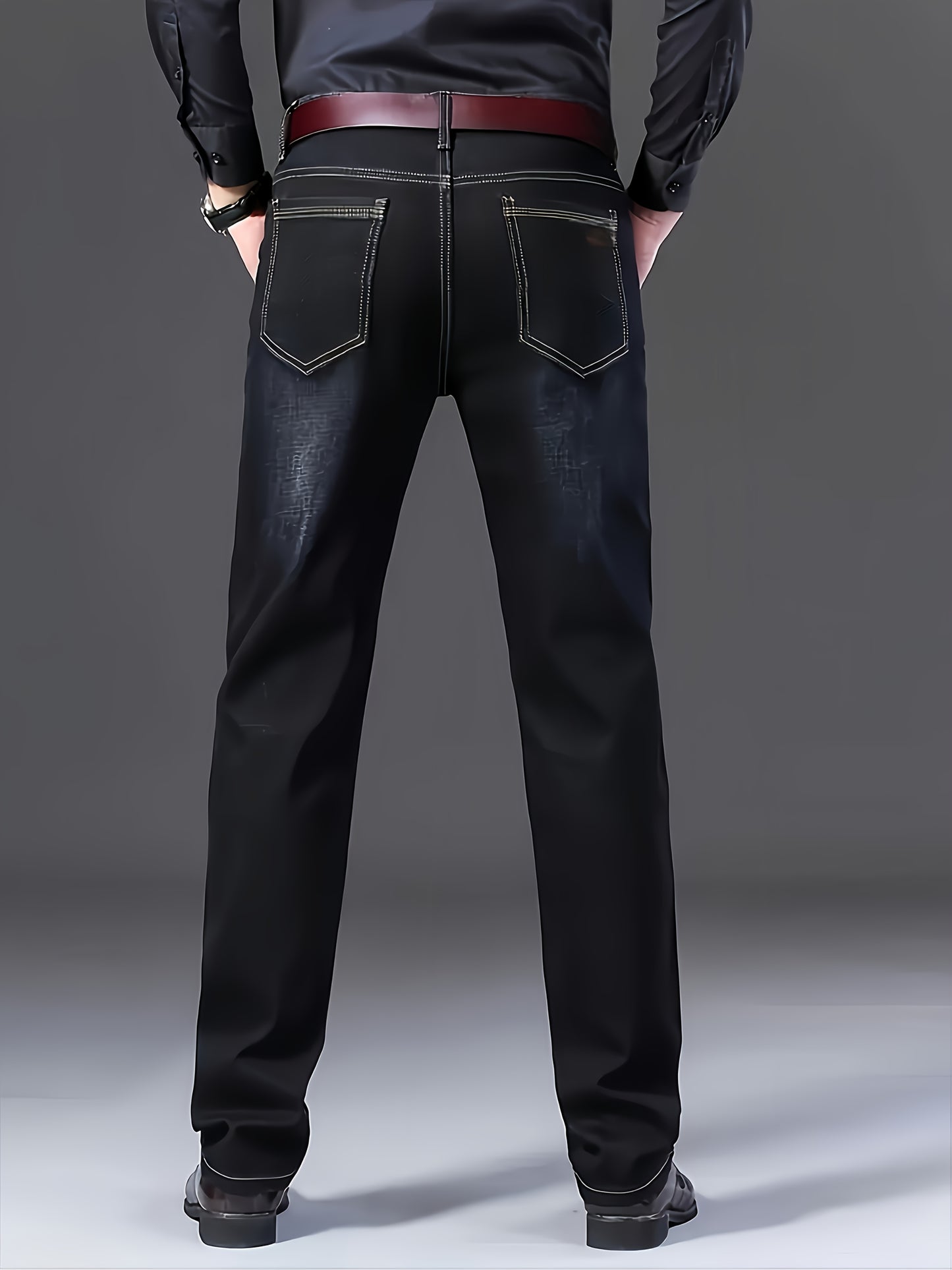Men'S Classic Straight-Leg Jeans - Suitable for All-Season Business Casual, Black Color, with Stitching Details, Polyester Blend, Machine Washable, Tailored Fit Jeans for Various Casual Outings And Dates.