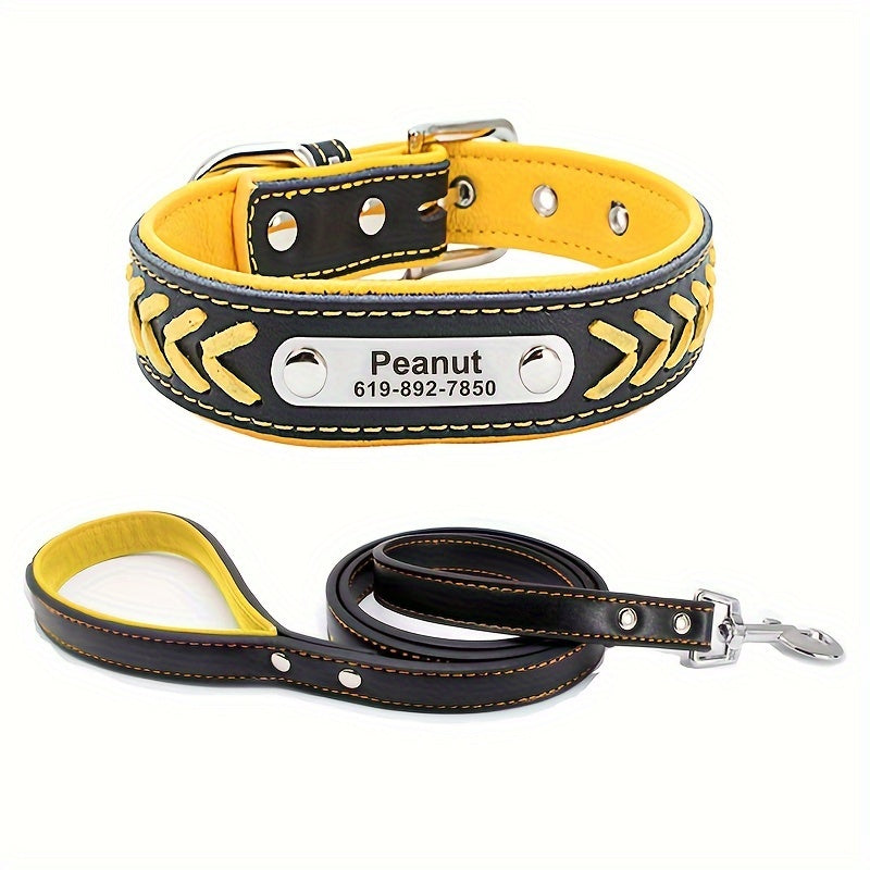 Personalized Dog Collar With Leash Set - Engraved Name Plate - Reflective Leather Dog Collar Custom Small Medium Or Large Size Dogs Cats