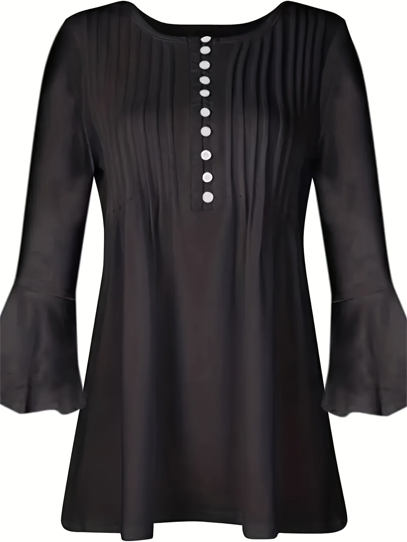 Elegant V-Neck Top Women's Casual Black Blouse with Buttons