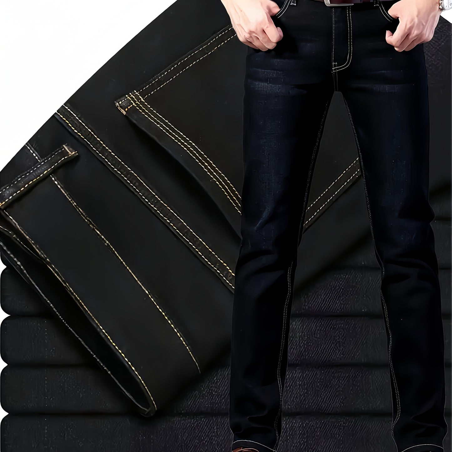 Men'S Classic Straight-Leg Jeans - Suitable for All-Season Business Casual, Black Color, with Stitching Details, Polyester Blend, Machine Washable, Tailored Fit Jeans for Various Casual Outings And Dates.