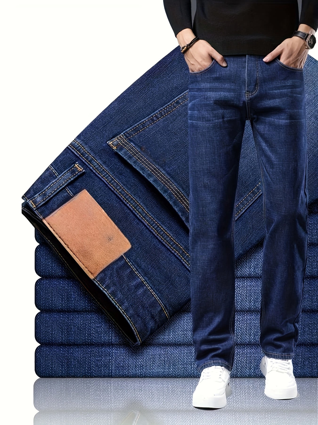Men'S Classic Straight-Leg Jeans - Suitable for All-Season Business Casual, Black Color, with Stitching Details, Polyester Blend, Machine Washable, Tailored Fit Jeans for Various Casual Outings And Dates.