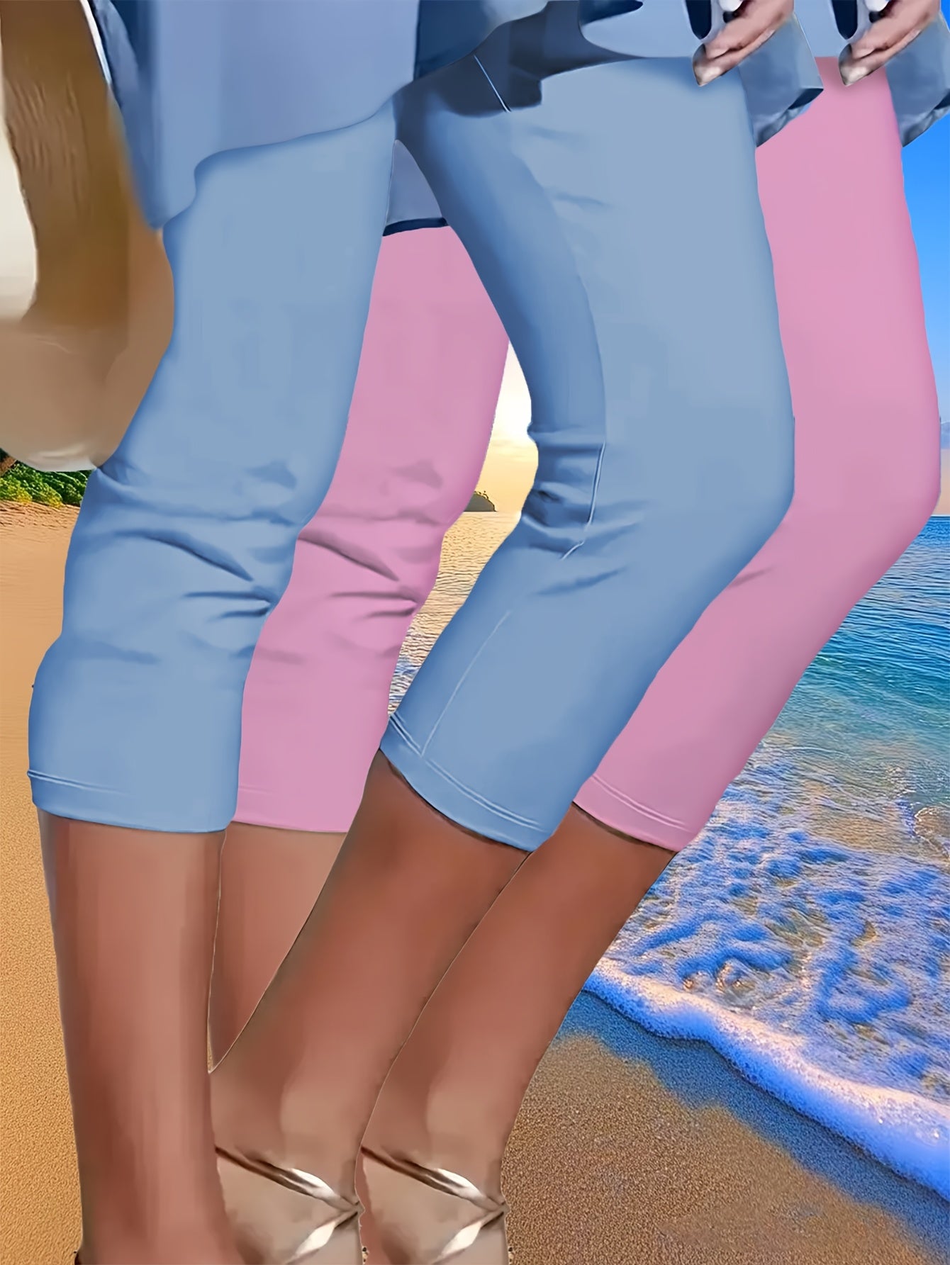 2pcs Solid Color Capri Tights, Spring And Summer Casual Wear
