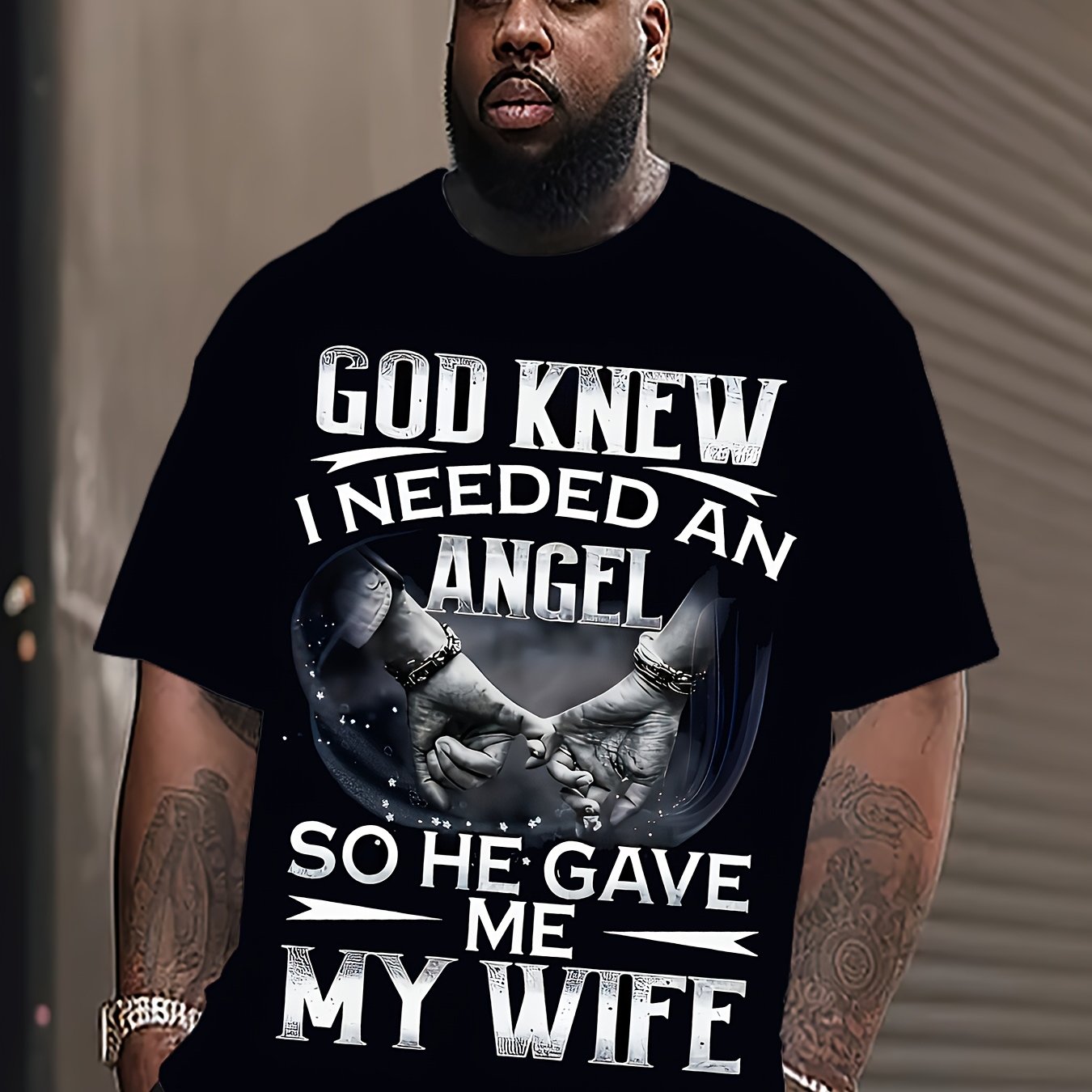 Men's Plus Size Motivational Graphic T-Shirt - God Knew I Needed an Angel Design, Casual Cotton Knit, Short Sleeve, Black