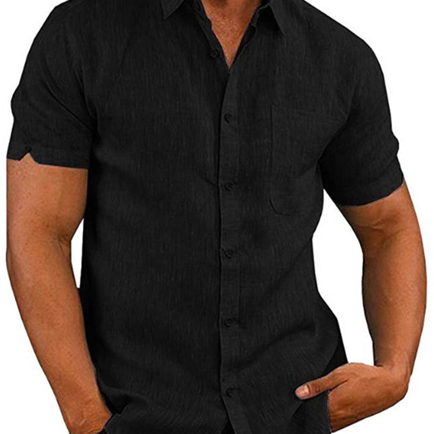 Mens Casual Loose Linen Short Sleeve Shirt Turndown Collar
