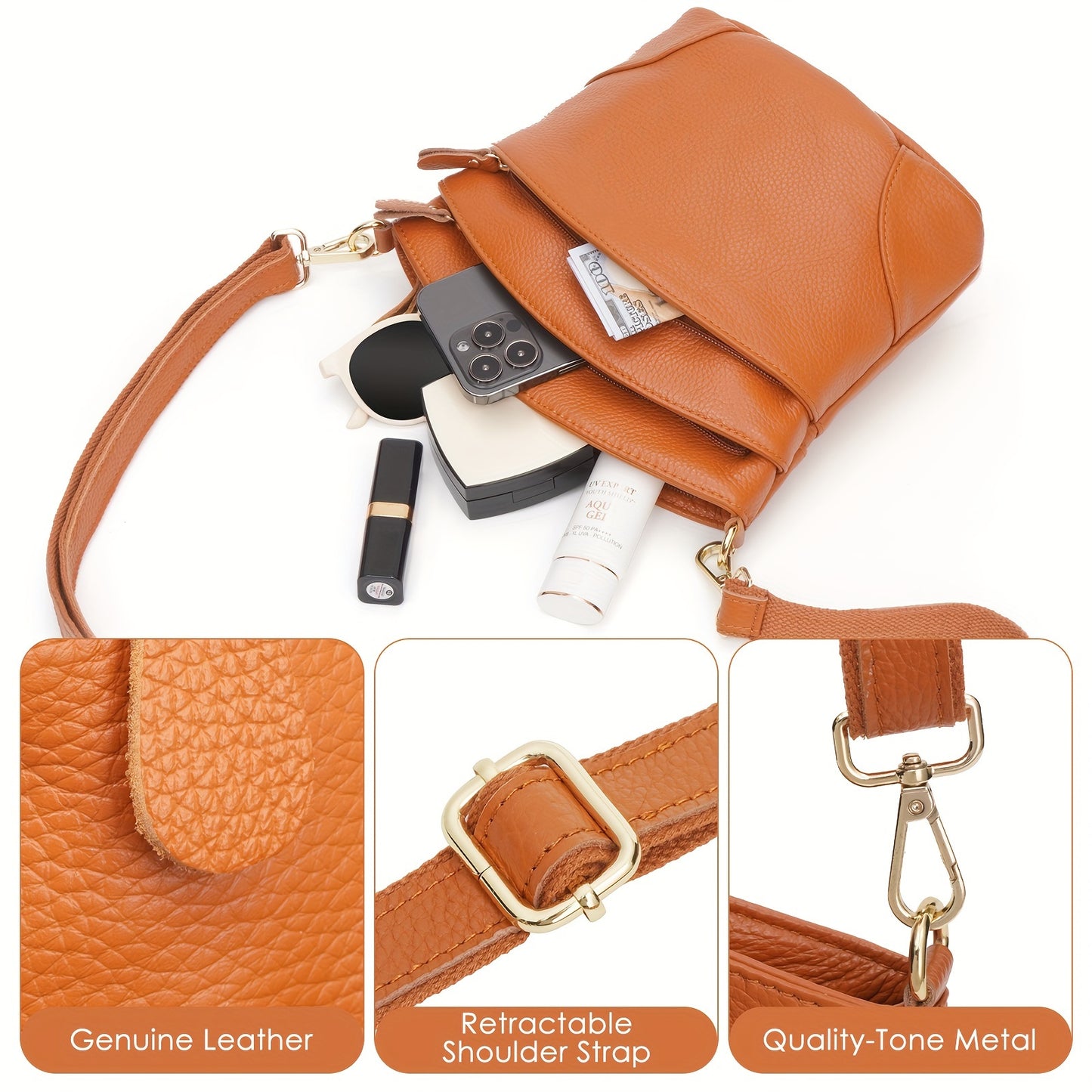 Premium Genuine Cowhide Leather Crossbody Bag for Women
