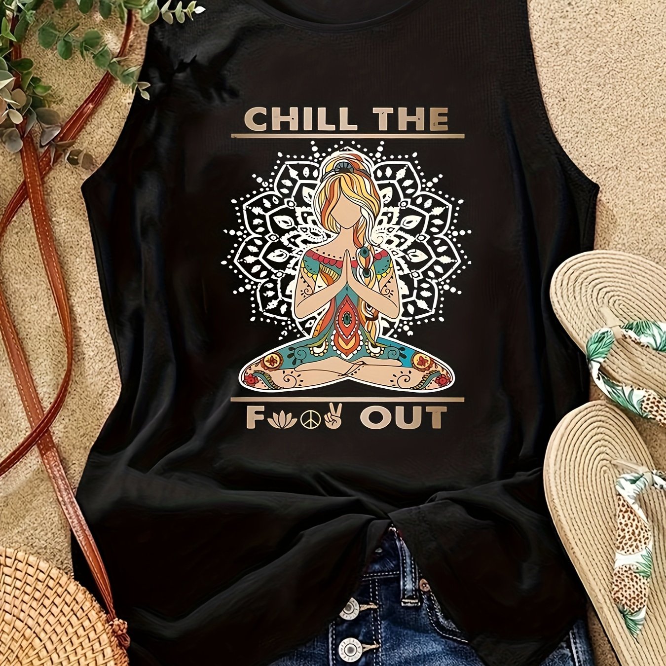 Women's Bohemian Yoga Tank Top - Breathable, Black Mandala & Letter Print Design, Perfect for Sports and Casual Wear, 180g/㎡, Machine Washable
