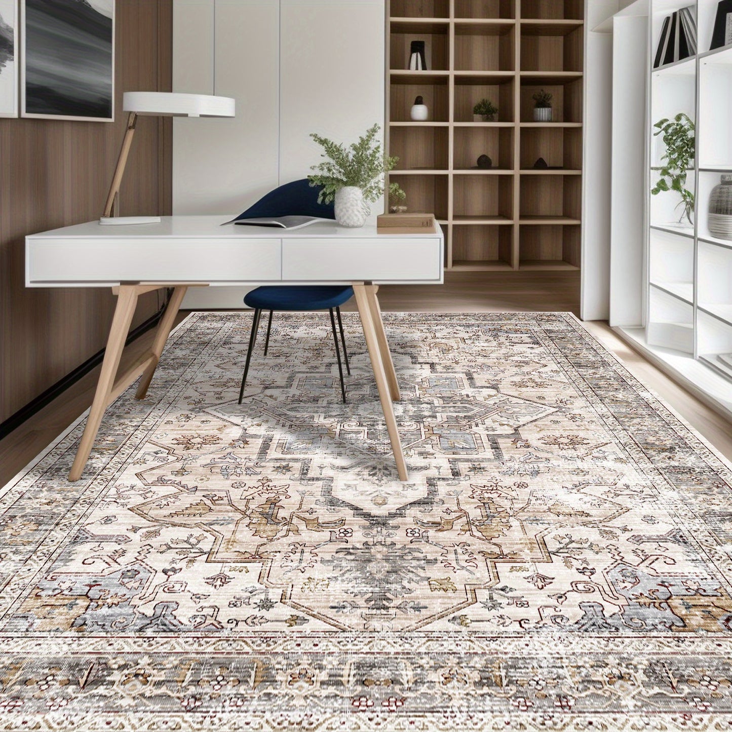 Bohemian Beige Washable Rugs, Ultra Soft Area Rugs, Non Slip Retro Rugs Foldable, Living Room And Bedroom Stain Resistant Rugs