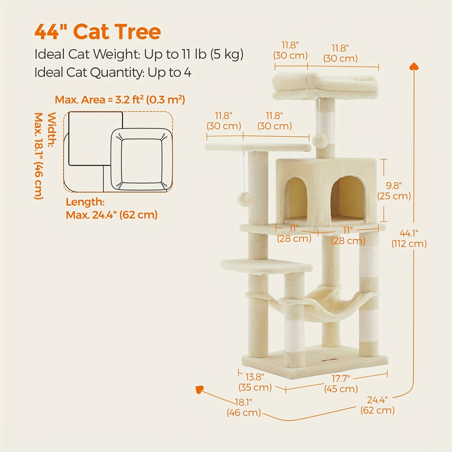 Feandrea 44/66.1in Cat Tree, Large Cat Tower with 13 Scratching Posts, 2 Perches, 2 Caves, Hanging Basket & Hammock, Pompoms, Stable Kitty Play House, Multi-Level Plush Cat Condo for Indoor Cats, Easy to Assemble, Perfect Gif