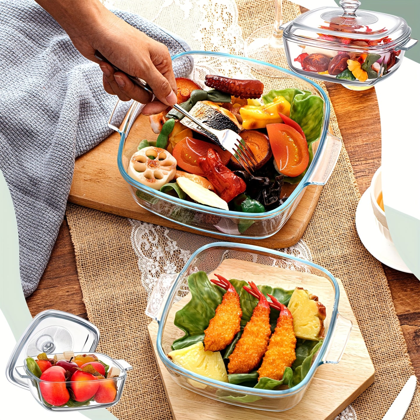 2pcs Glass Casserole Dish With Lid Baking Casserole Dish Covered Cookware Microwave Bowls With Handle For Kitchen Restaurant Home Party Cooking, Oven Safe (Square, 27.05oz/ 50.72oz)