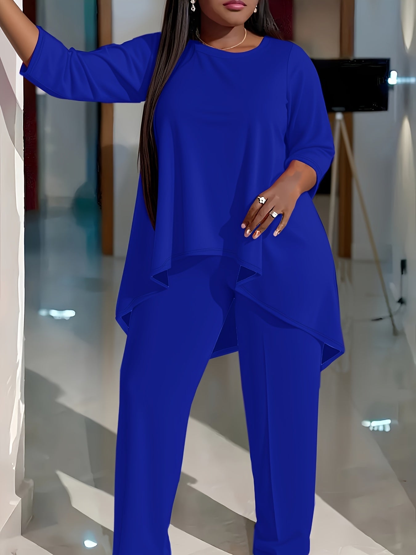Plus Size Two-piece Set, Solid Color Round Neck 7-inch Sleeve Top And Pants Set, Women'S Two-piece Set