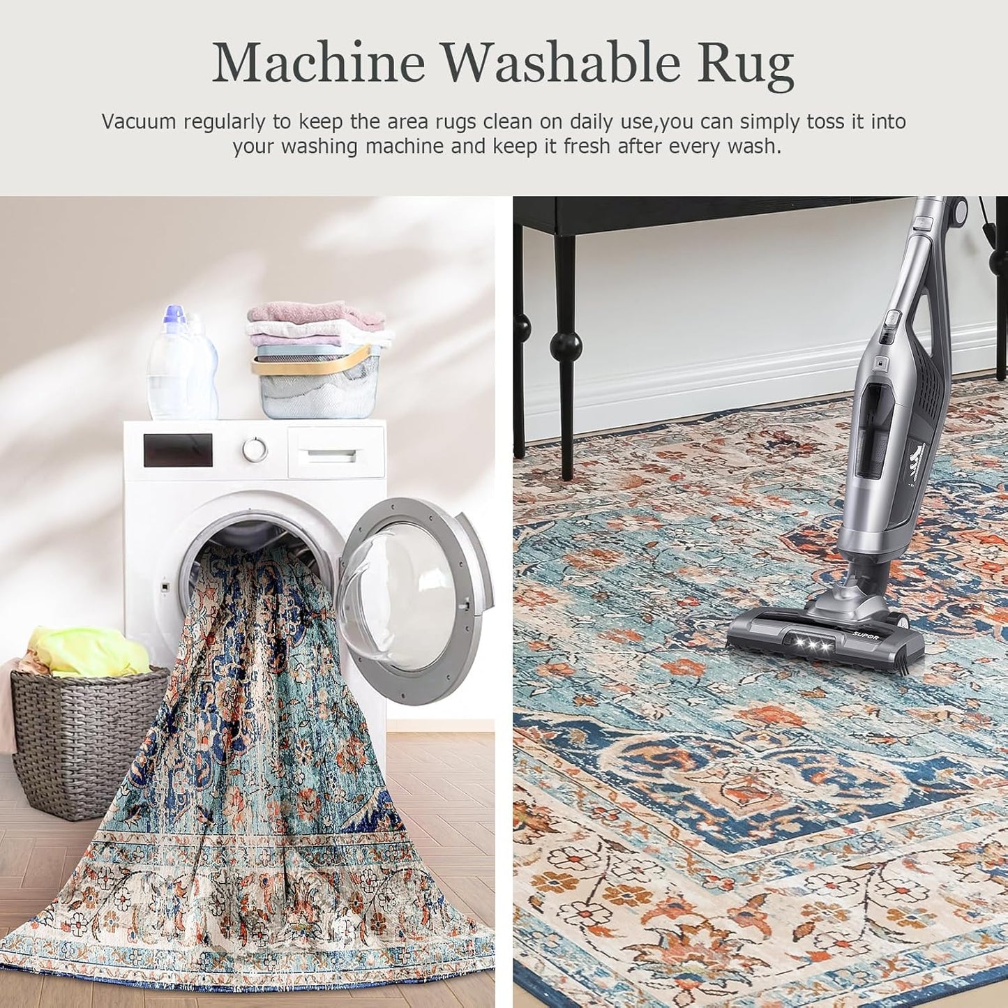Machine Washable Rug with Non-Slip, Blue Area Rug, Vintage Boho Area Rug for Living Room Bedroom Dining Home Office Rugs