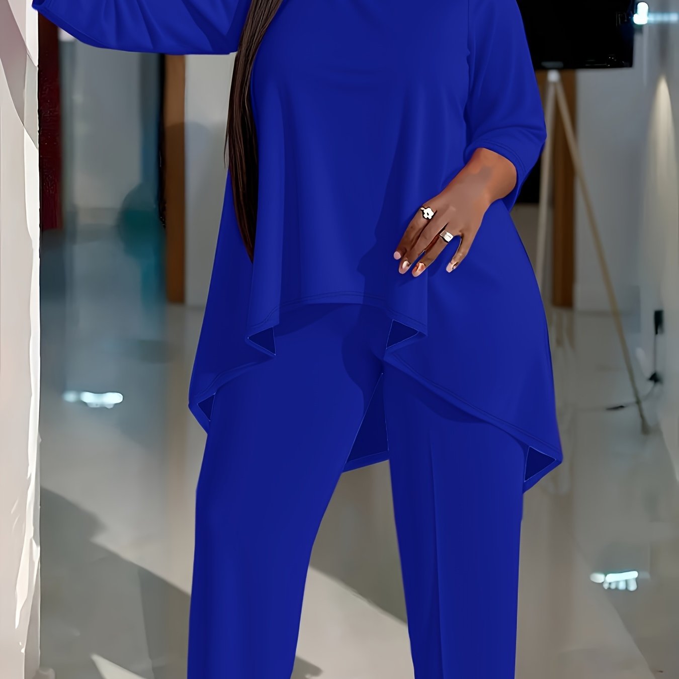 Plus Size Two-piece Set, Solid Color Round Neck 7-inch Sleeve Top And Pants Set, Women'S Two-piece Set