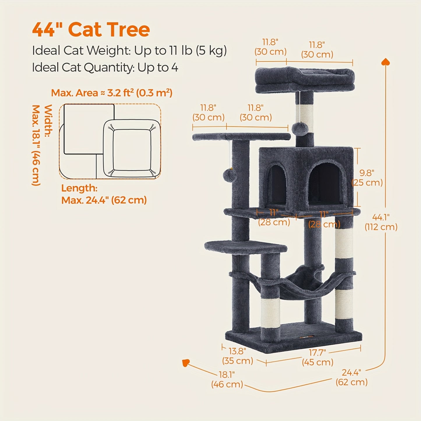 Feandrea 44/66.1in Cat Tree, Large Cat Tower with 13 Scratching Posts, 2 Perches, 2 Caves, Hanging Basket & Hammock, Pompoms, Stable Kitty Play House, Multi-Level Plush Cat Condo for Indoor Cats, Easy to Assemble, Perfect Gif