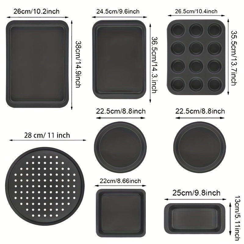 8 Piece Bakeware Pan Set, Nonstick Cookie Sheet, 2 Round Cake Pans, Square Pan, Bread Pan, Baking Pan, Pizza Pan, Cookie Sheet, 12 Cup Muffin Pan for Oven, Kitchen Cookware Sets Baking Supplies, Black