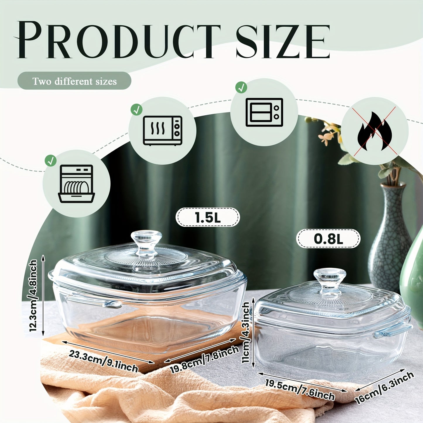 2pcs Glass Casserole Dish With Lid Baking Casserole Dish Covered Cookware Microwave Bowls With Handle For Kitchen Restaurant Home Party Cooking, Oven Safe (Square, 27.05oz/ 50.72oz)