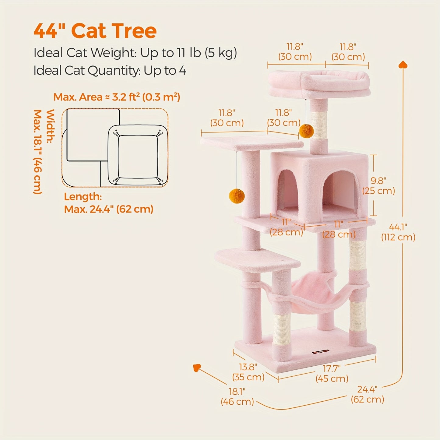 Feandrea 44/66.1in Cat Tree, Large Cat Tower with 13 Scratching Posts, 2 Perches, 2 Caves, Hanging Basket & Hammock, Pompoms, Stable Kitty Play House, Multi-Level Plush Cat Condo for Indoor Cats, Easy to Assemble, Perfect Gif