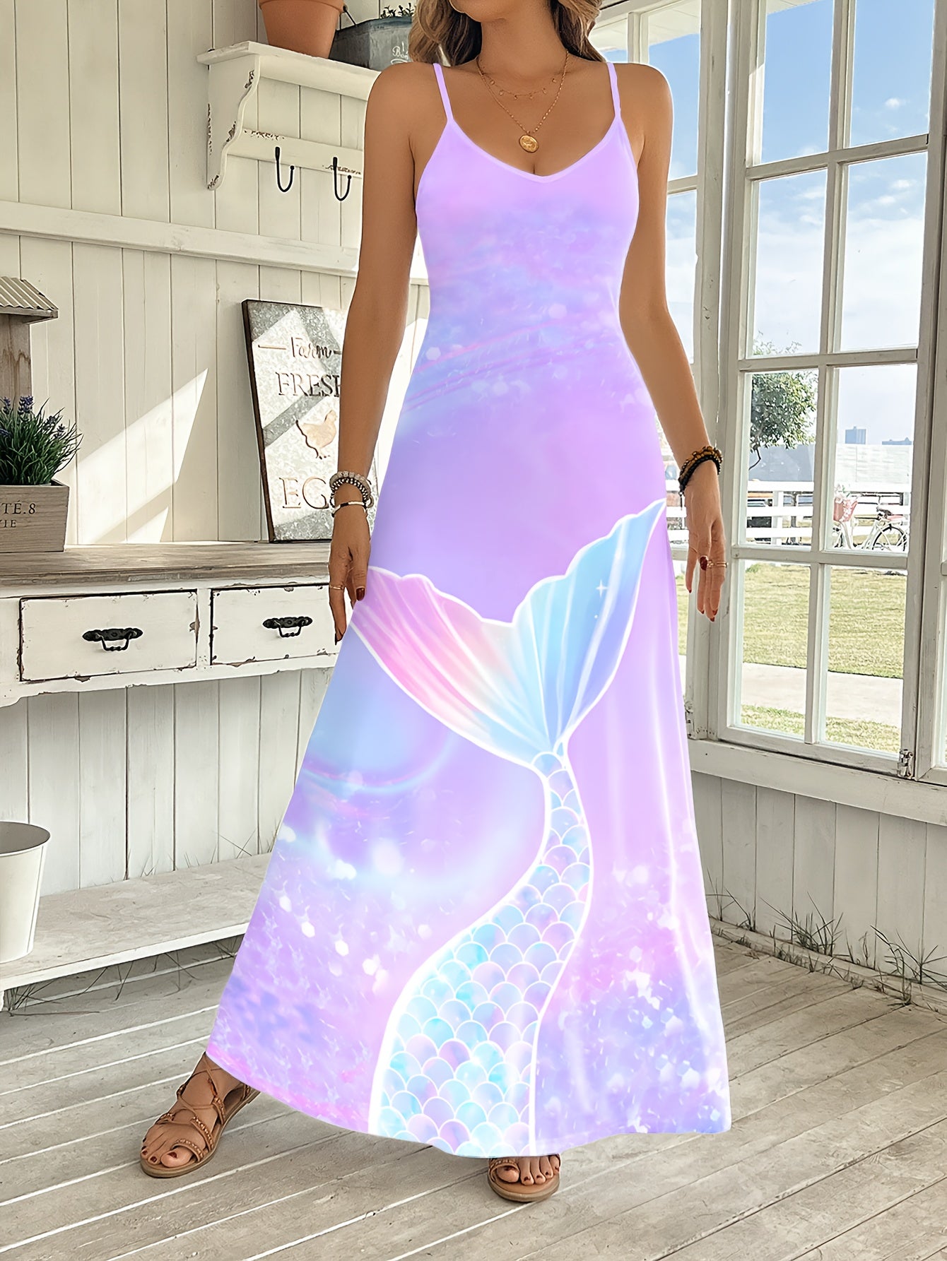Women's Vibrant Underwater Print V-Neck Cami Maxi Dress - Loose Fit, Long Dress for Spring/Summer Vacation & Casual Outings, Polyester Blend, Machine Washable