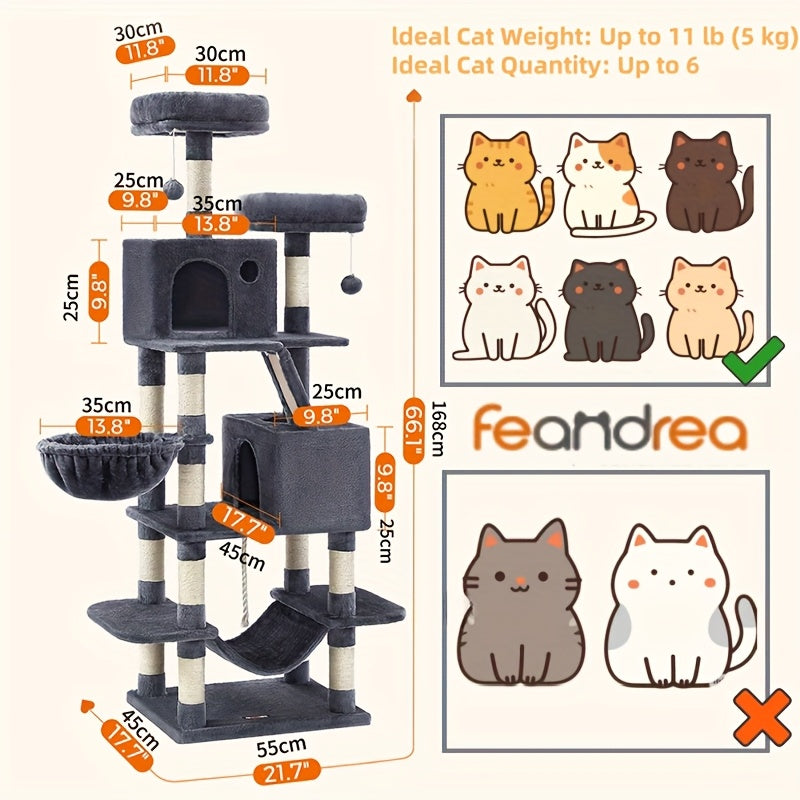 Feandrea 44/66.1in Cat Tree, Large Cat Tower with 13 Scratching Posts, 2 Perches, 2 Caves, Hanging Basket & Hammock, Pompoms, Stable Kitty Play House, Multi-Level Plush Cat Condo for Indoor Cats, Easy to Assemble, Perfect Gif