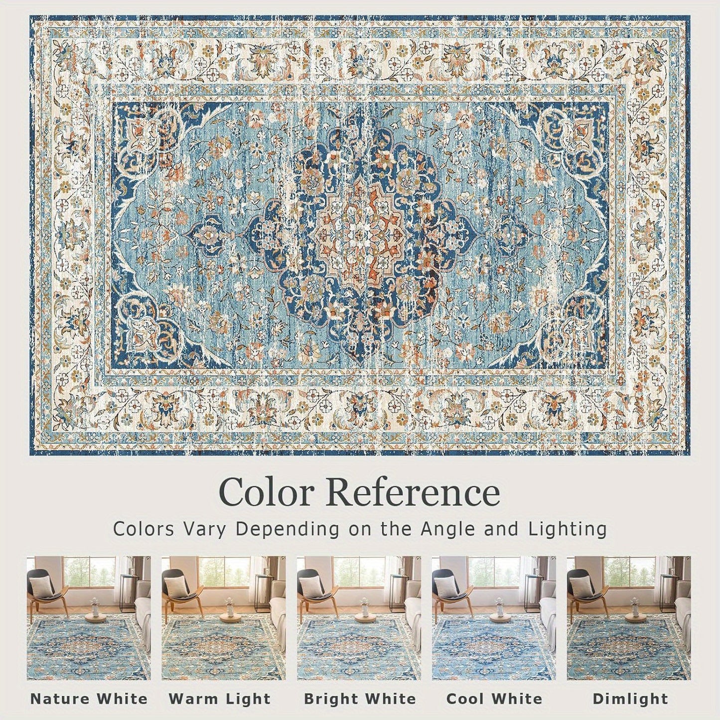 Machine Washable Rug with Non-Slip, Blue Area Rug, Vintage Boho Area Rug for Living Room Bedroom Dining Home Office Rugs