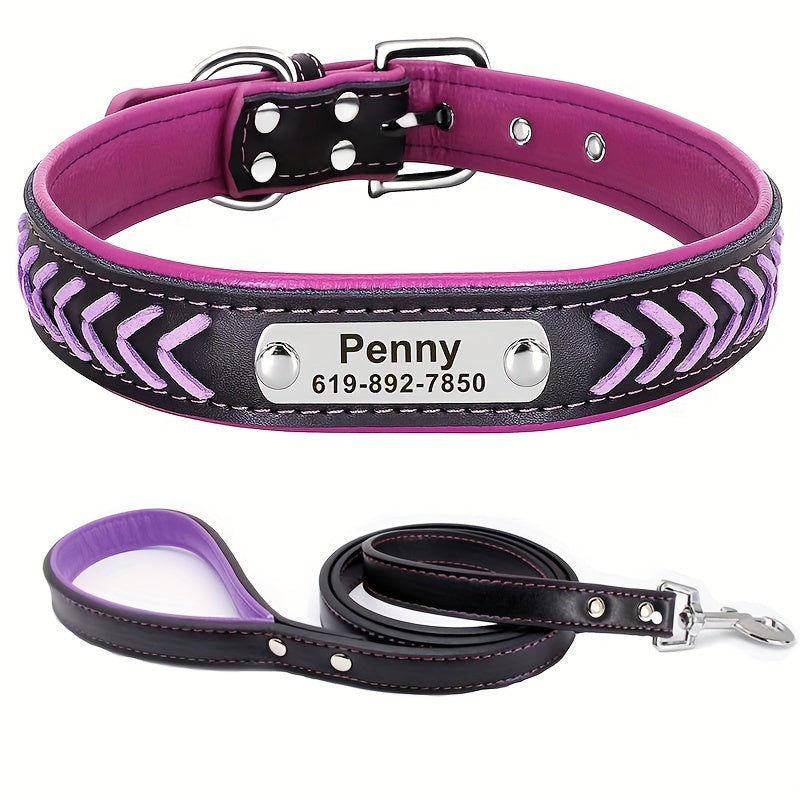 Personalized Dog Collar With Leash Set - Engraved Name Plate - Reflective Leather Dog Collar Custom Small Medium Or Large Size Dogs Cats