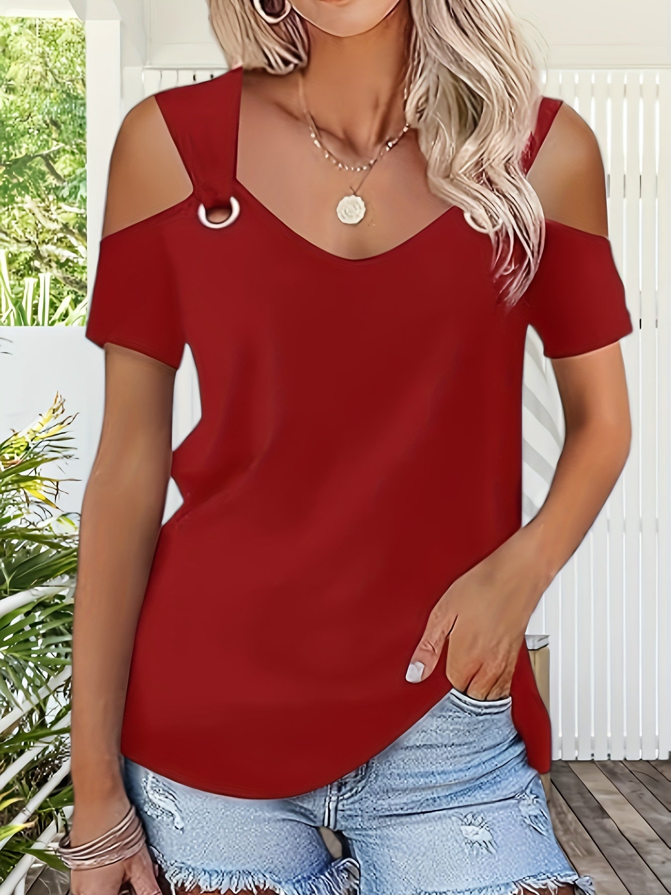 Fashionable V-Neck Cold Shoulder Top - Soft Autumn Wear