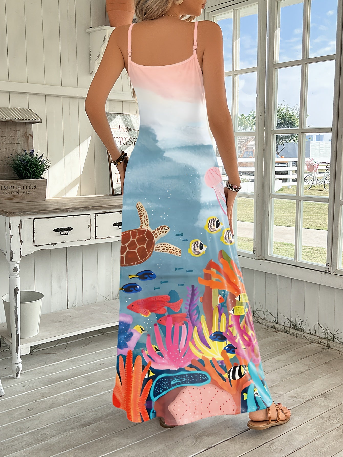 Women's Vibrant Underwater Print V-Neck Cami Maxi Dress - Loose Fit, Long Dress for Spring/Summer Vacation & Casual Outings, Polyester Blend, Machine Washable