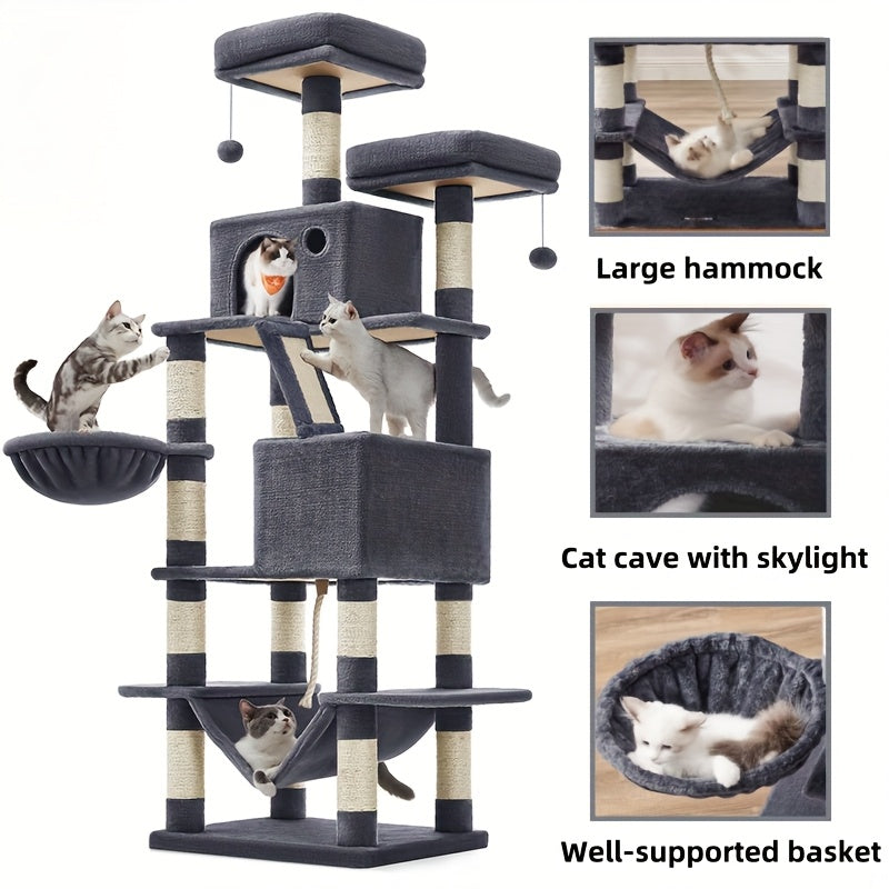 Feandrea 44/66.1in Cat Tree, Large Cat Tower with 13 Scratching Posts, 2 Perches, 2 Caves, Hanging Basket & Hammock, Pompoms, Stable Kitty Play House, Multi-Level Plush Cat Condo for Indoor Cats, Easy to Assemble, Perfect Gif