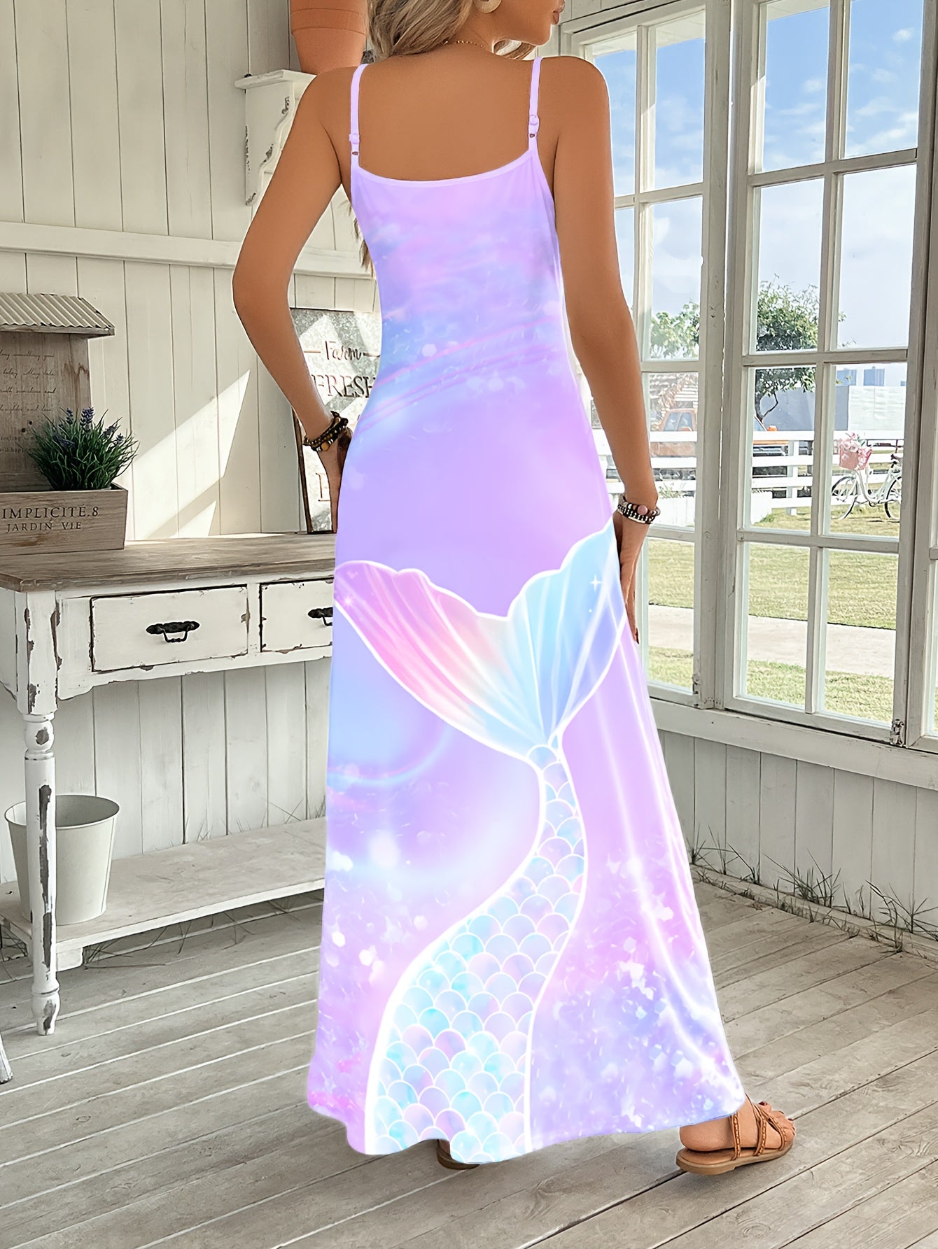 Women's Vibrant Underwater Print V-Neck Cami Maxi Dress - Loose Fit, Long Dress for Spring/Summer Vacation & Casual Outings, Polyester Blend, Machine Washable