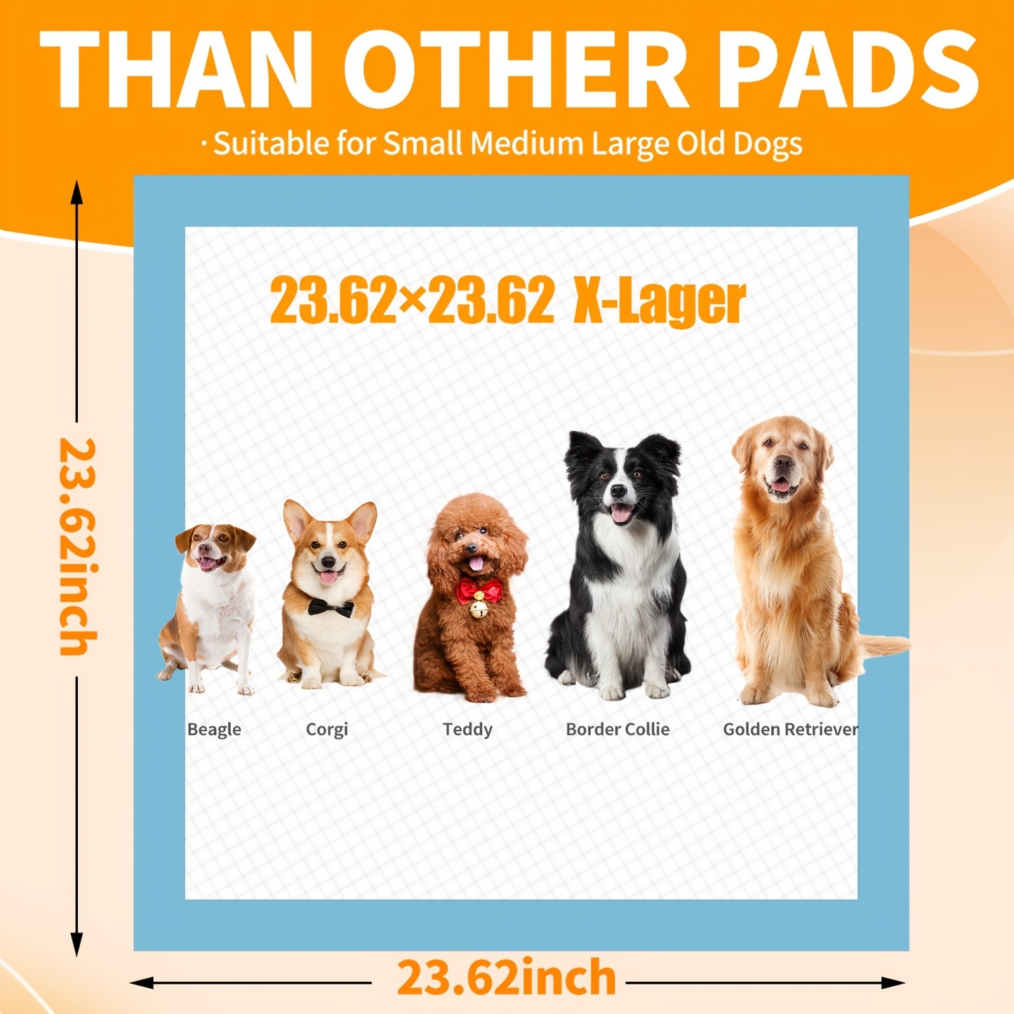 Dog and Puppy Pee Pads with Leak-Proof Quick-Dry Design for Potty Training, Standard Absorbency, Regular Size, 22 x 22 Inches, 23.62x 23.62 Inches, Pack of 100, Blue & White
