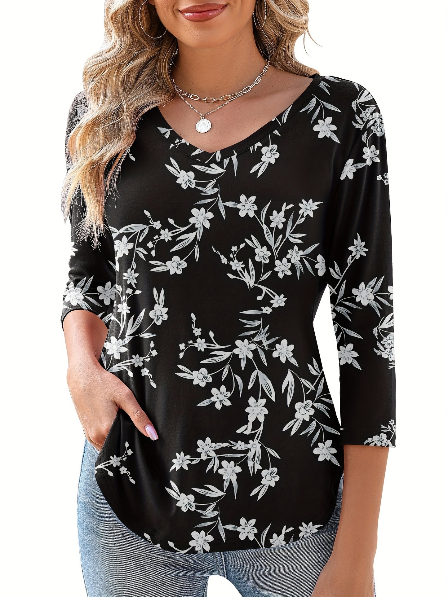 Women's Floral Print V-Neck 3/4 Sleeve T-Shirt - Black & White Contrast, Breathable Fabric, Elegant Casual Versatile Top for Spring Summer Fall, Machine Washable, Seasonal Fashion | Soft Texture Shirt, Ladies T Shirts