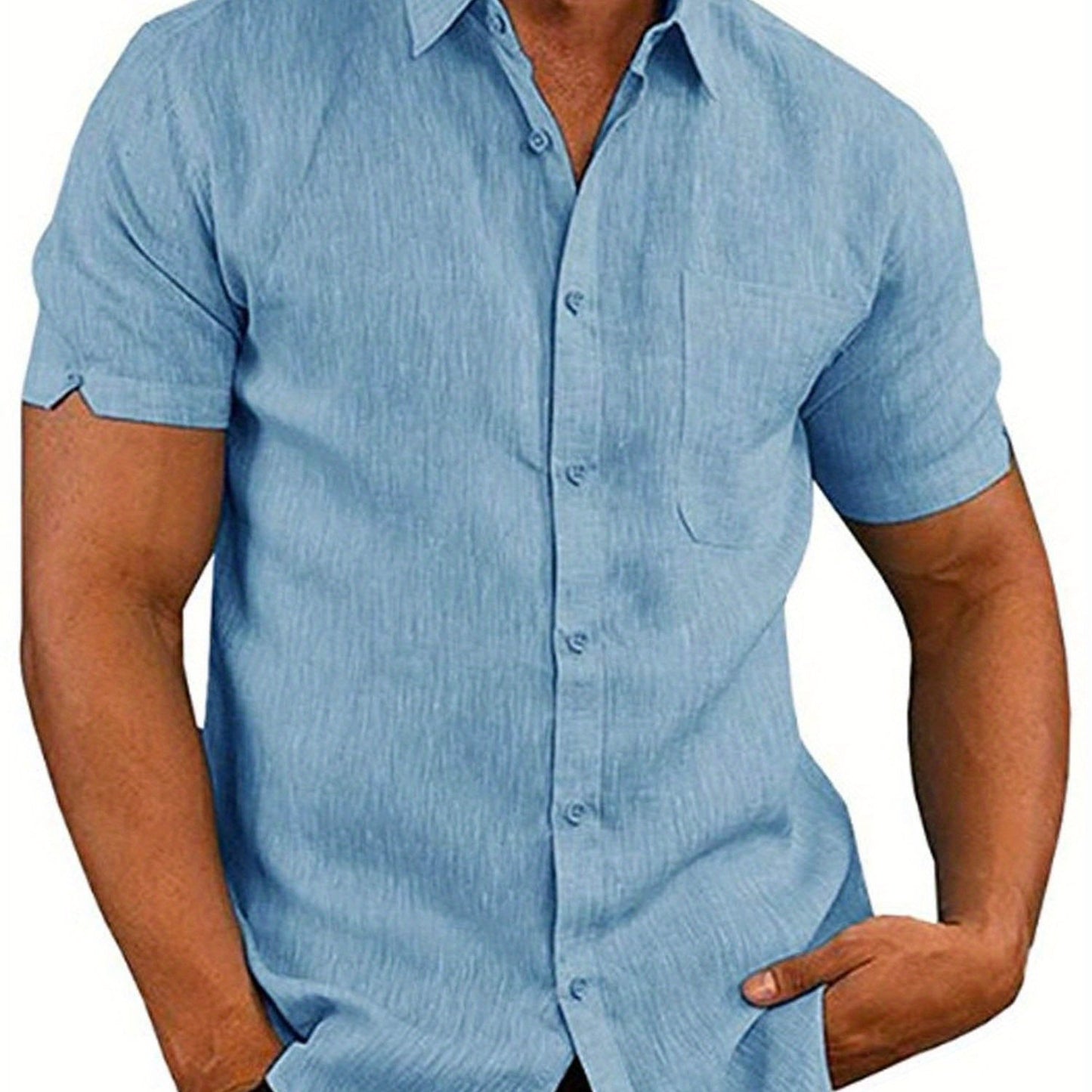Mens Casual Loose Linen Short Sleeve Shirt Turndown Collar