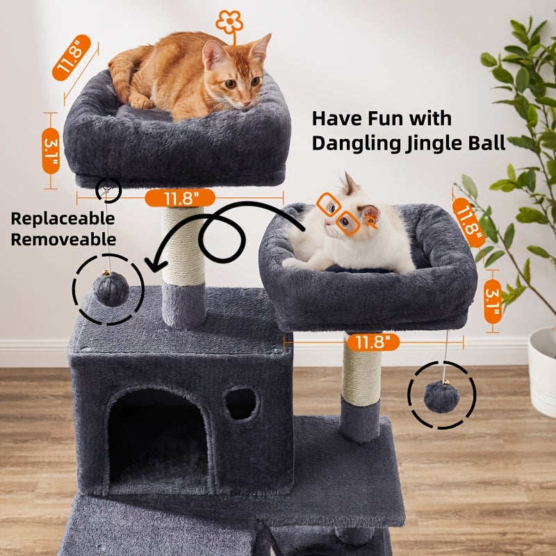 Feandrea 44/66.1in Cat Tree, Large Cat Tower with 13 Scratching Posts, 2 Perches, 2 Caves, Hanging Basket & Hammock, Pompoms, Stable Kitty Play House, Multi-Level Plush Cat Condo for Indoor Cats, Easy to Assemble, Perfect Gif