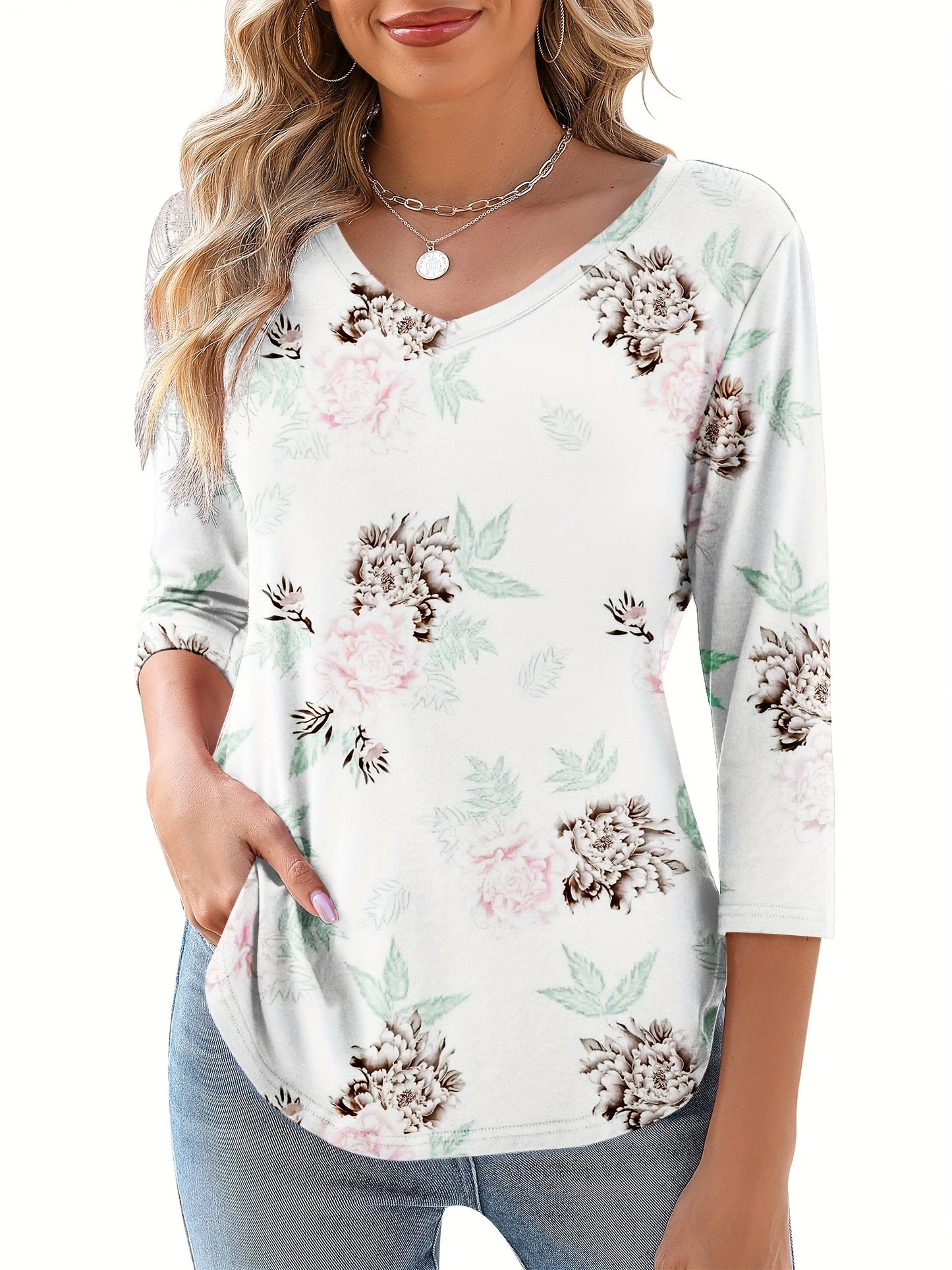 Women's Floral Print V-Neck 3/4 Sleeve T-Shirt - Black & White Contrast, Breathable Fabric, Elegant Casual Versatile Top for Spring Summer Fall, Machine Washable, Seasonal Fashion | Soft Texture Shirt, Ladies T Shirts