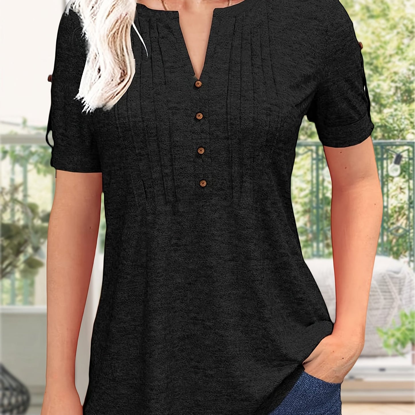 Women's Zipper Summer Pleated Button Short Sleeve T-Shirt