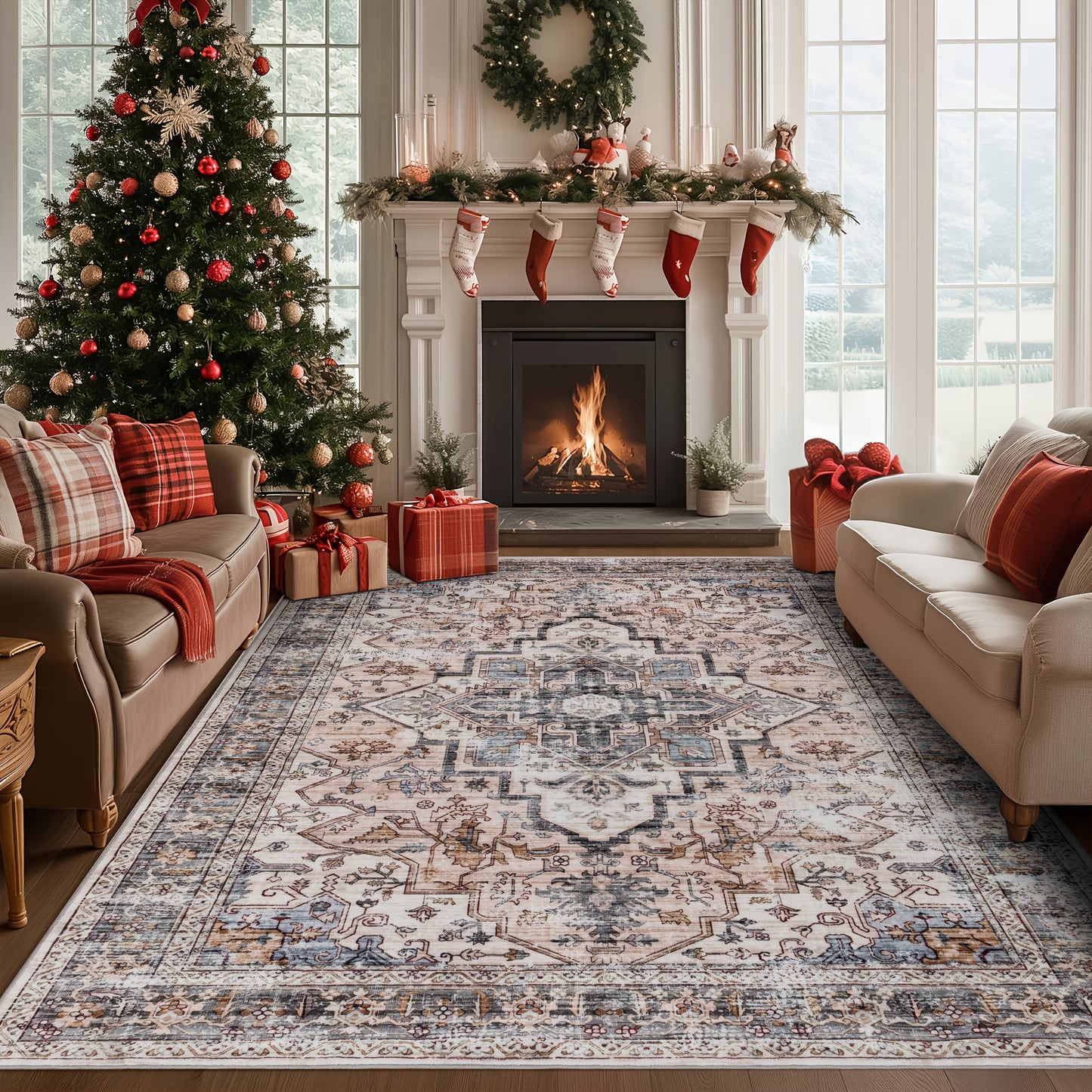 Bohemian Beige Washable Rugs, Ultra Soft Area Rugs, Non Slip Retro Rugs Foldable, Living Room And Bedroom Stain Resistant Rugs
