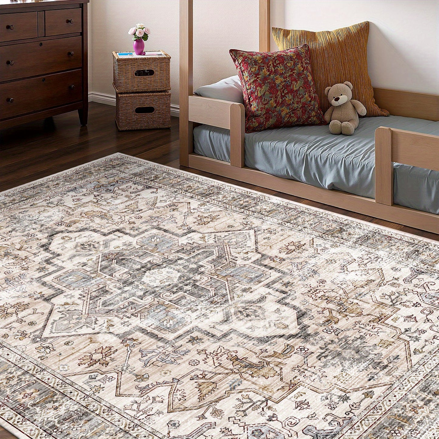 Bohemian Beige Washable Rugs, Ultra Soft Area Rugs, Non Slip Retro Rugs Foldable, Living Room And Bedroom Stain Resistant Rugs