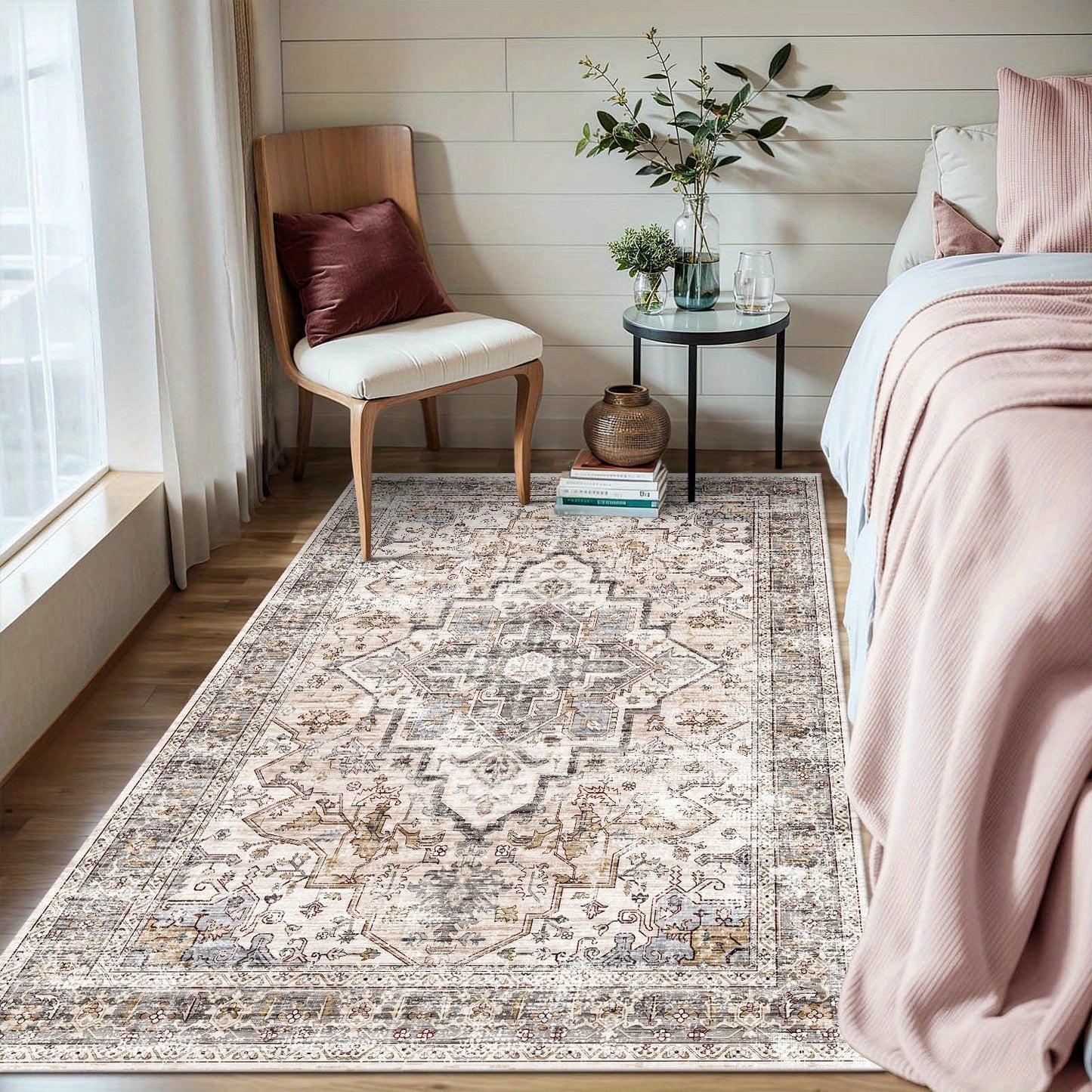 Bohemian Beige Washable Rugs, Ultra Soft Area Rugs, Non Slip Retro Rugs Foldable, Living Room And Bedroom Stain Resistant Rugs